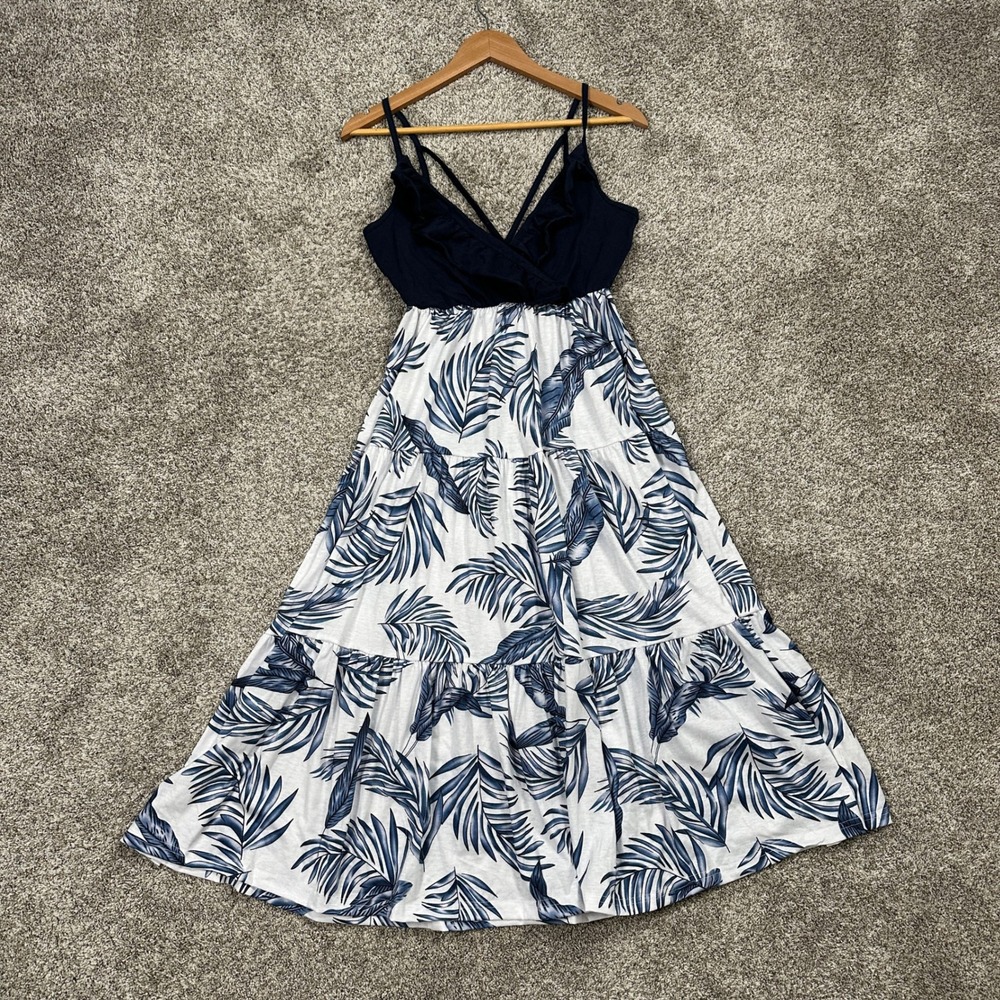 PatPat Dress Womens M Tiered Midi Navy Blue Tropical Palm Leaf Ruffle NEW